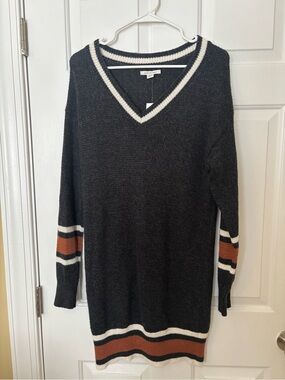 American Eagle Outfitters Charcoal V-Neck Sweater with Rust and Cream Stripes S